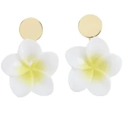 Boucles d'oreilles fleur de tiaré blanche et jaune bouton métal doré L5cm