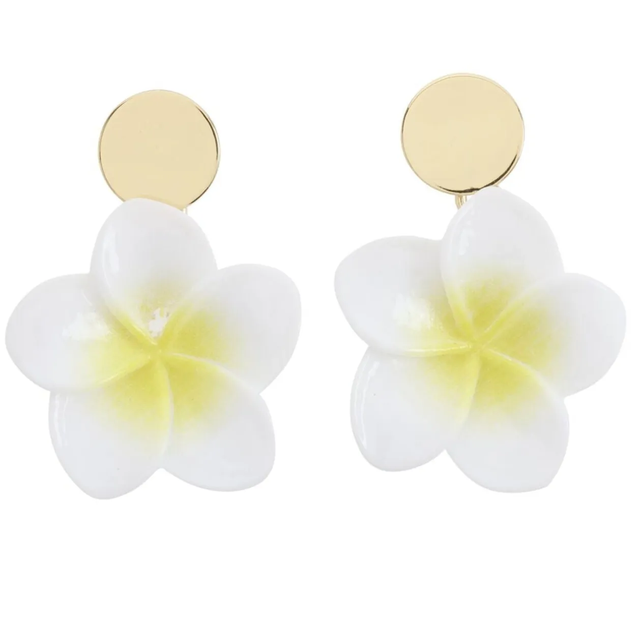 Boucles d'oreilles fleur de tiaré blanche et jaune bouton métal doré L5cm
