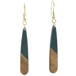 Boucles d'oreilles métal et bois forme goutte longue marron et vert L6cm