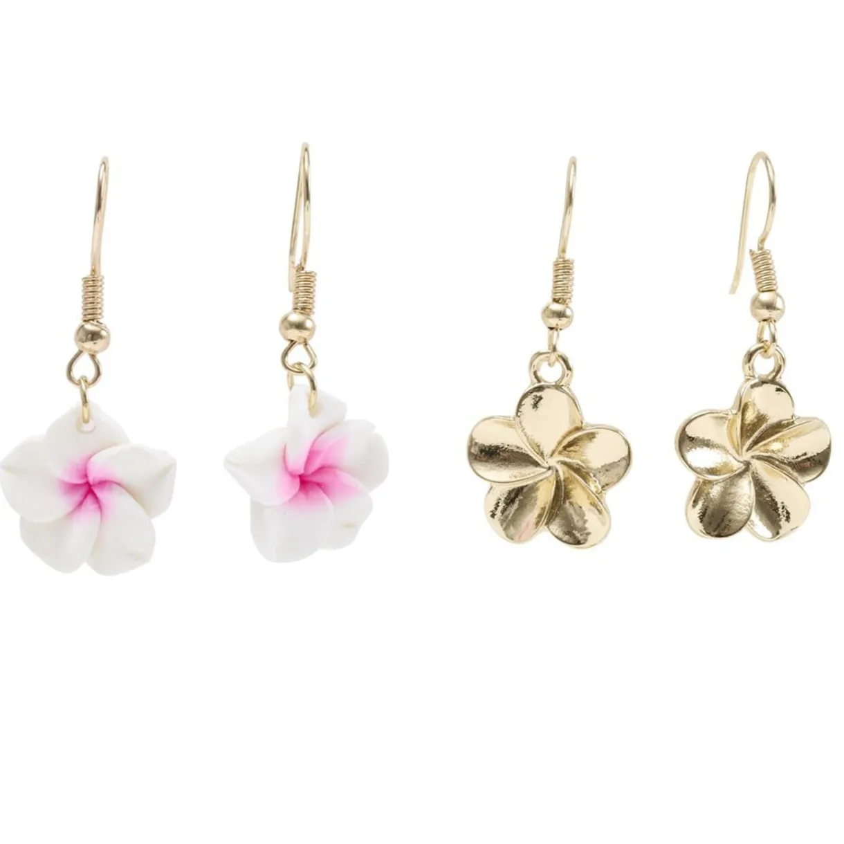 Boucles d'oreilles 2 paires fleur de tiaré rose et blanc métal doré L2,5cm < Gifi Outlet