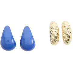Boucles d'oreilles 2 paires goutte bleu et métal doré L2,5cm