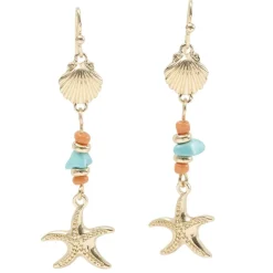 Boucles d'oreilles perles verre bleu et rouge et coquillage inox doré L3,5cm