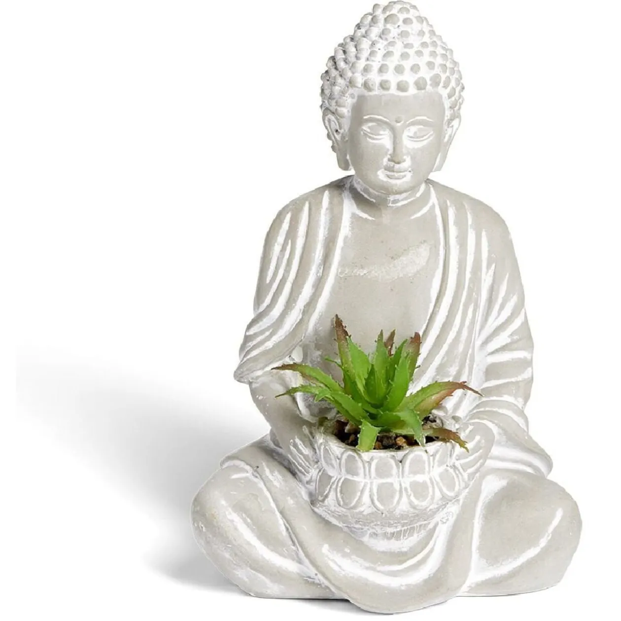 Bouddha en ciment avec plante artificielle H12,3cm