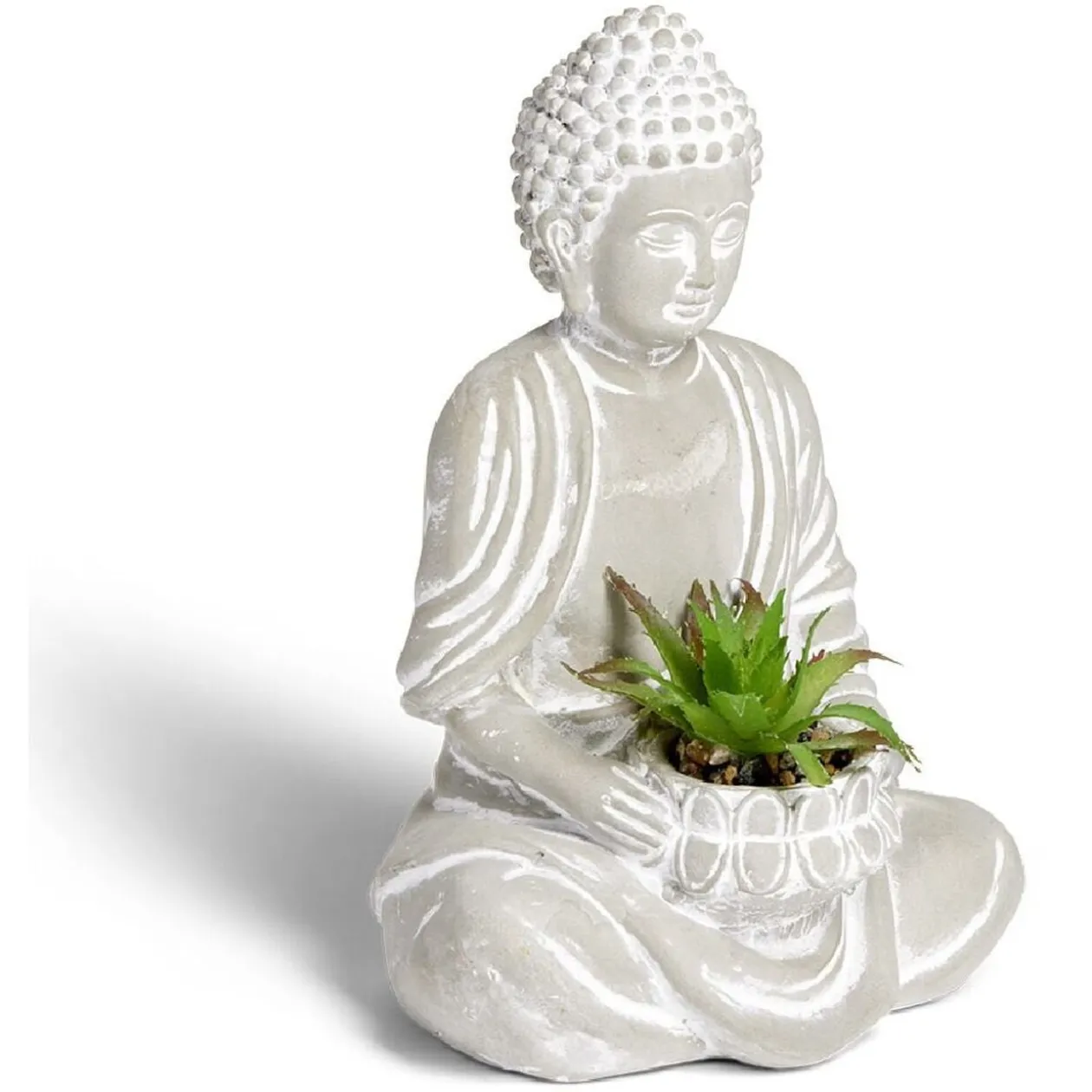 Bouddha en ciment avec plante artificielle H12,3cm