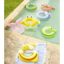Bouée ronde en plastique ouverte design girafe jaune Ø65cm