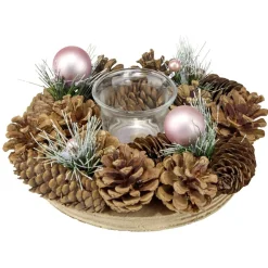Bougeoir rond décoration pin et boules de Noël L19X19XH9 cm bois et verre < Gifi Hot