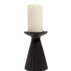 Bougeoir rond strie relief céramique noir - Ø11xH17cm