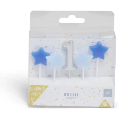 Bougie anniversaire chiffre 1 argenté avec bougies étoiles bleues < Gifi