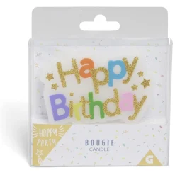 Bougie anniversaire Happy Birthday bannière multicolore et doré < Gifi