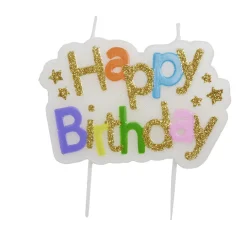 Bougie anniversaire Happy Birthday bannière multicolore et doré < Gifi