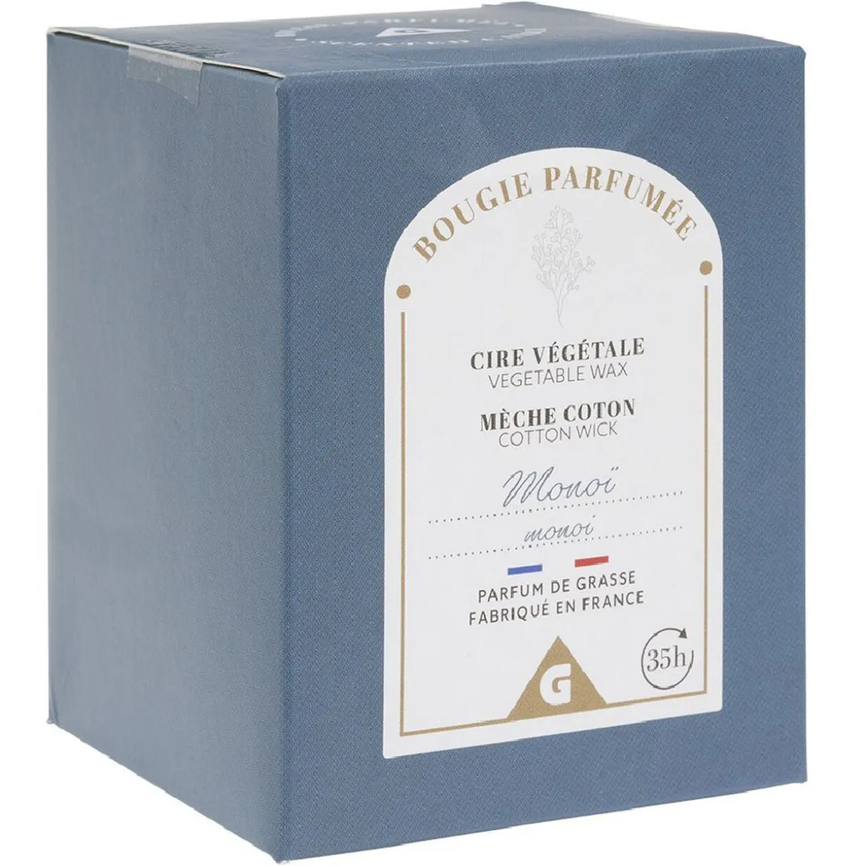 Bougie bleue dans verre senteur monoï Ø7xH8cm