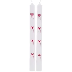 Bougie chandelle x2 blanche motifs noeuds rouges H25cm