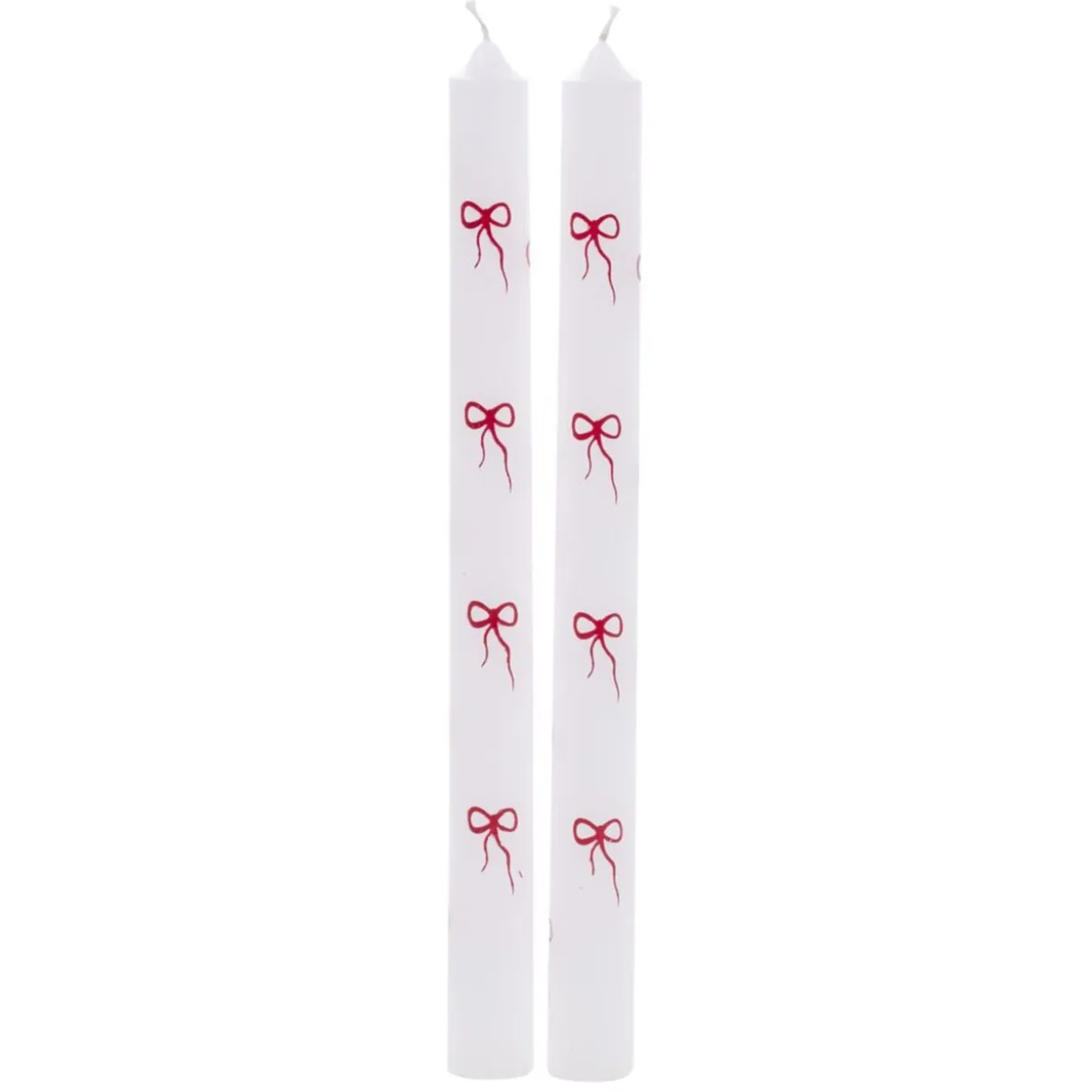 Bougie chandelle x2 blanche motifs noeuds rouges H25cm