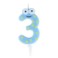 Bougie chiffre 3 cire personnage étoiles bleu et jaune H8,5cm