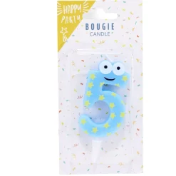 Bougie chiffre 5 cire personnage étoiles bleu et jaune H8,5cm
