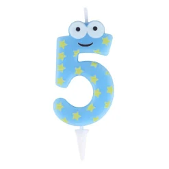Bougie chiffre 5 cire personnage étoiles bleu et jaune H8,5cm
