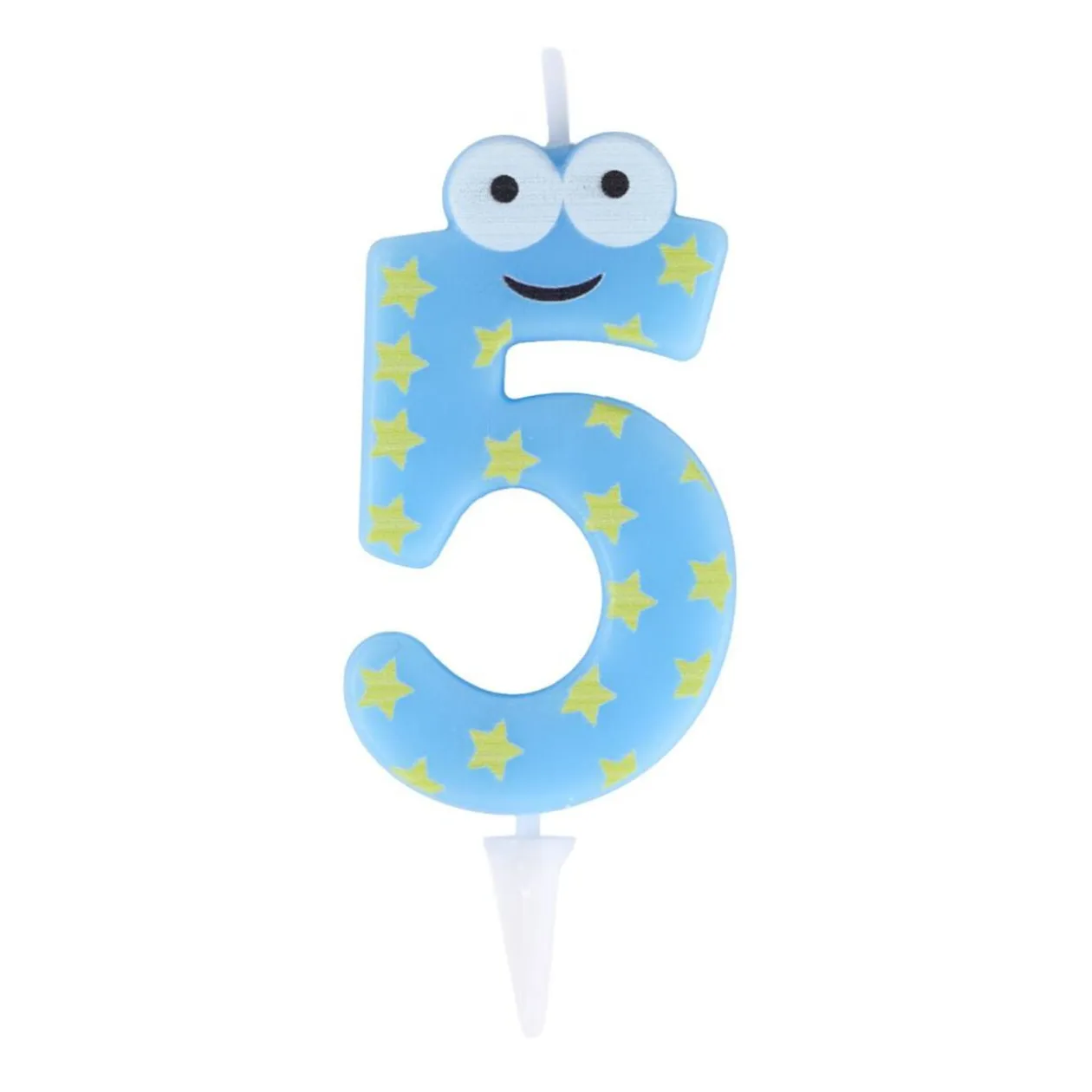 Bougie chiffre 5 cire personnage étoiles bleu et jaune H8,5cm