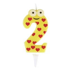 Bougie chiffre 2 cire personnage coeurs jaune et rouge H8,5cm