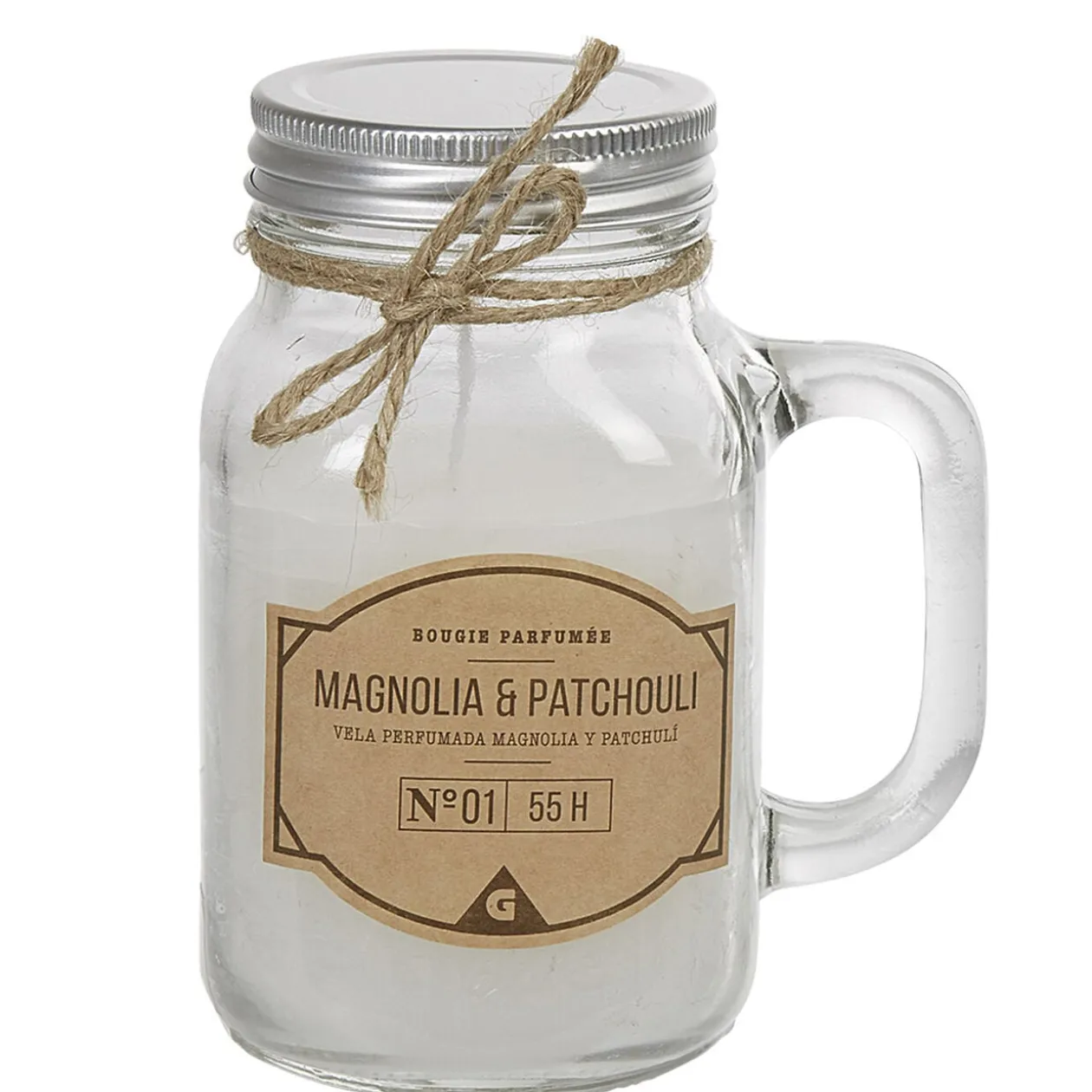 Bougie dans mug en verre avec couvercle senteur magnolia patchouli