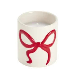 Bougie dans pot céramique blanc motif noeud rouge Ø8xH9cm (2 modèles)