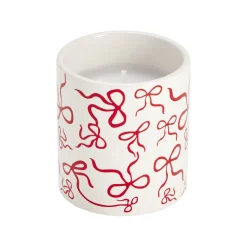 Bougie dans pot céramique blanc motif noeud rouge Ø8xH9cm (2 modèles)