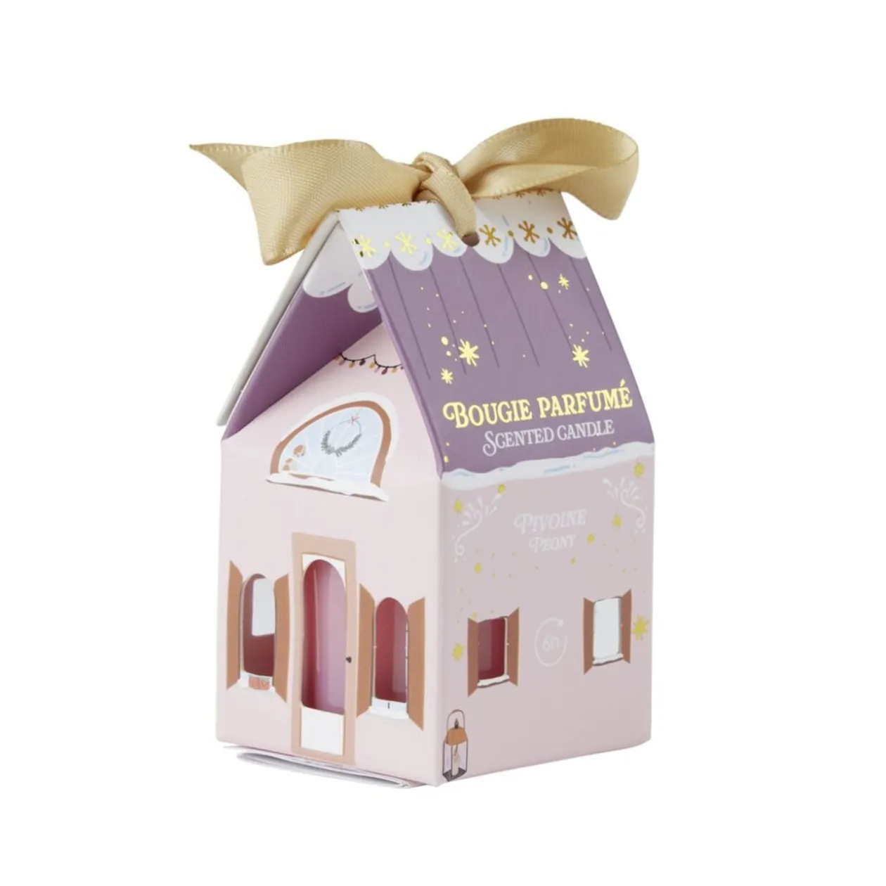 Bougie dans verre boîte cadeau maisonnette H4,5cm (6 modèles)