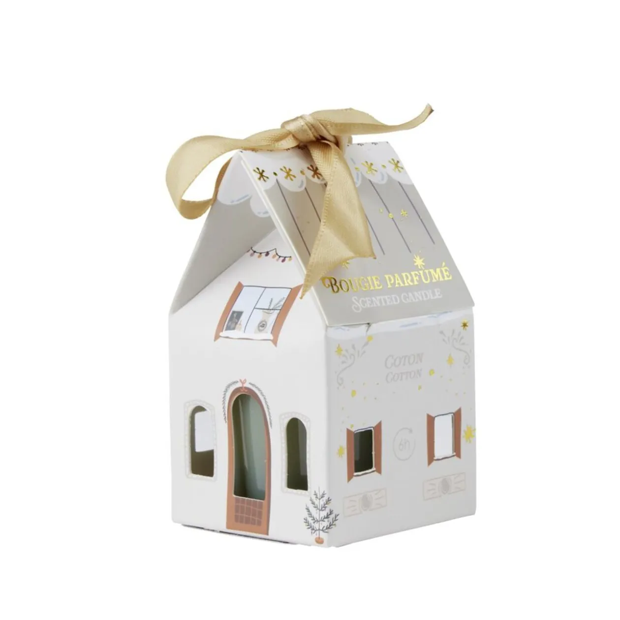 Bougie dans verre boîte cadeau maisonnette H4,5cm (6 modèles)