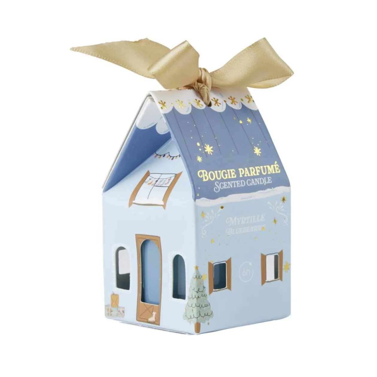 Bougie dans verre boîte cadeau maisonnette H4,5cm (6 modèles)