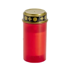 Bougie funéraire solaire plastique rouge et couvercle métal doré Ø7xH12cm