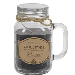 Bougie noire dans mug en verre avec couvercle senteur myrrhe ambre