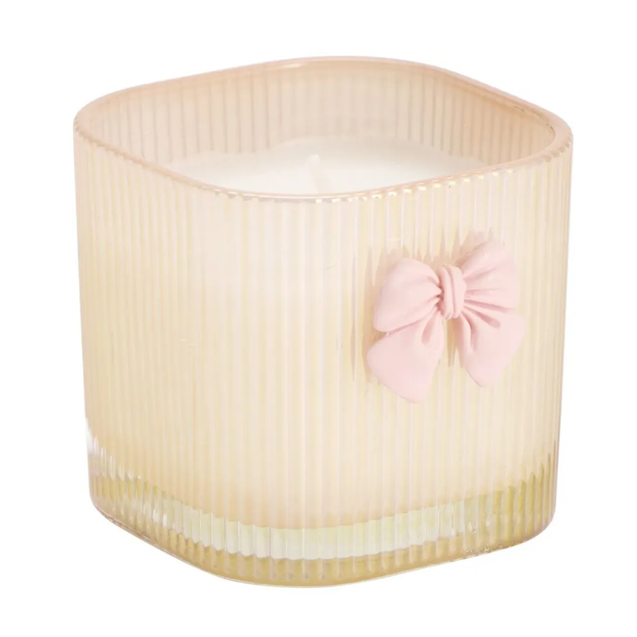 Bougie pot en verre strié avec noeud décoratif 7x7xH6,5cm (2 modèles blanc ou rose)