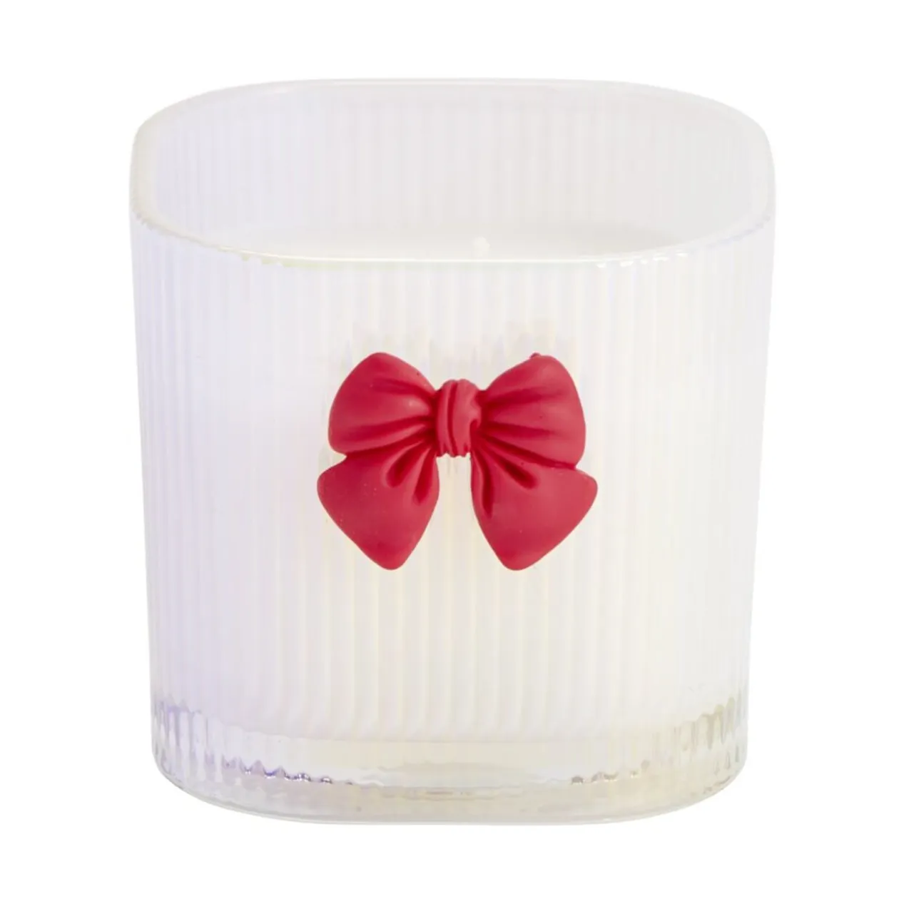 Bougie pot en verre strié avec noeud décoratif 7x7xH6,5cm (2 modèles blanc ou rose)