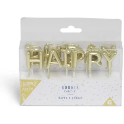 Bougies anniversaire lettres Happy Birthday dorées H7cm