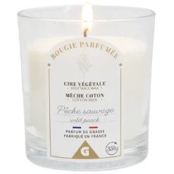 Bougie violette dans verre senteur pêche Ø7xH8cm