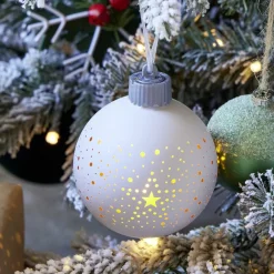 Boule de Noël lumineuse motif ajouré verre blanc 1LED Ø8cm