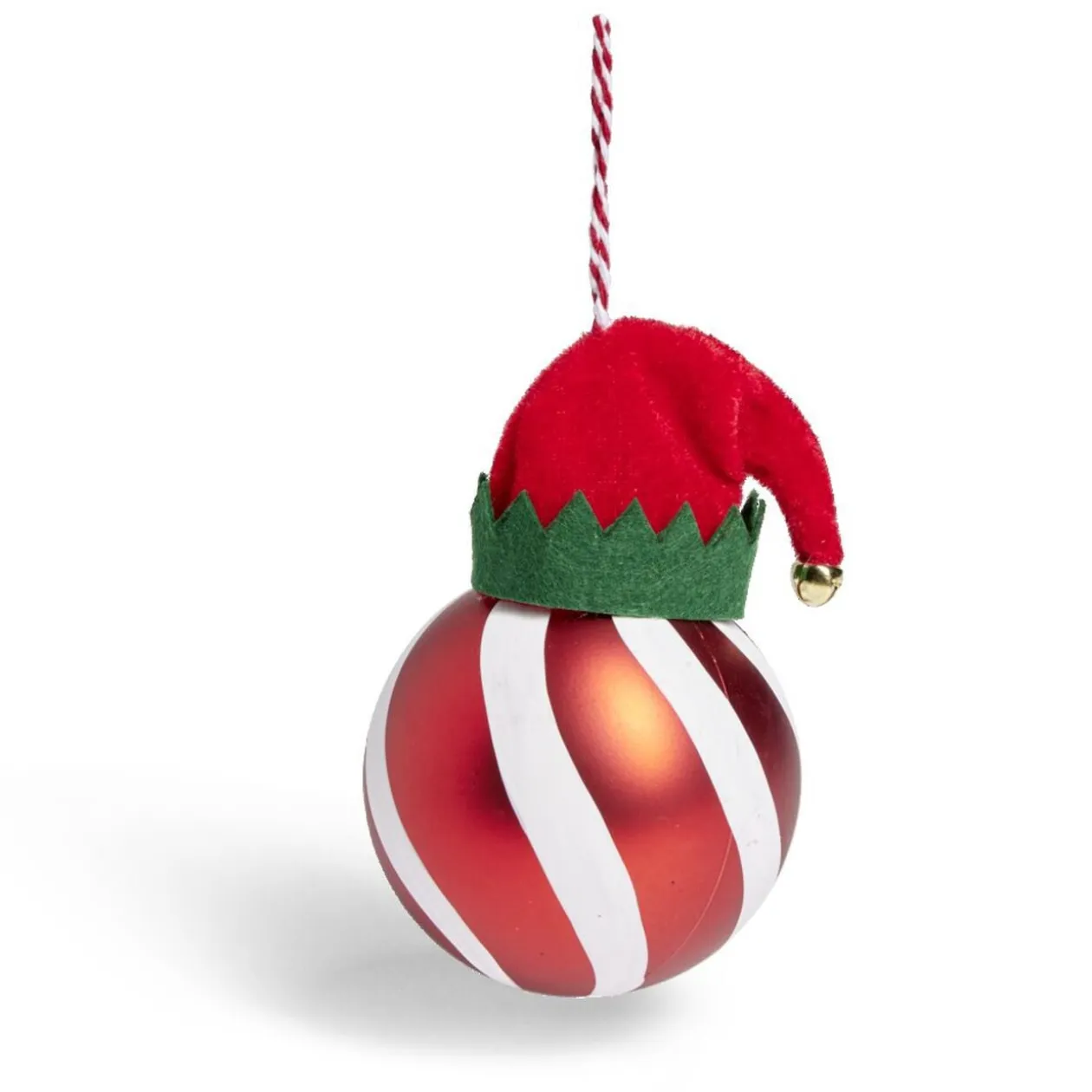 Boule de Noël motif spirale et bonnet Père Noël ou lutin Ø8xH11cm