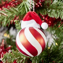 Boule de Noël motif spirale et bonnet Père Noël ou lutin Ø8xH11cm