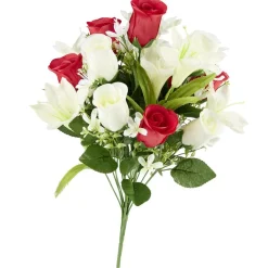 Bouquet artificiel 18 tiges lys roses et petites fleurs rouge et blanc Ø29xH51cm < Gifi Outlet
