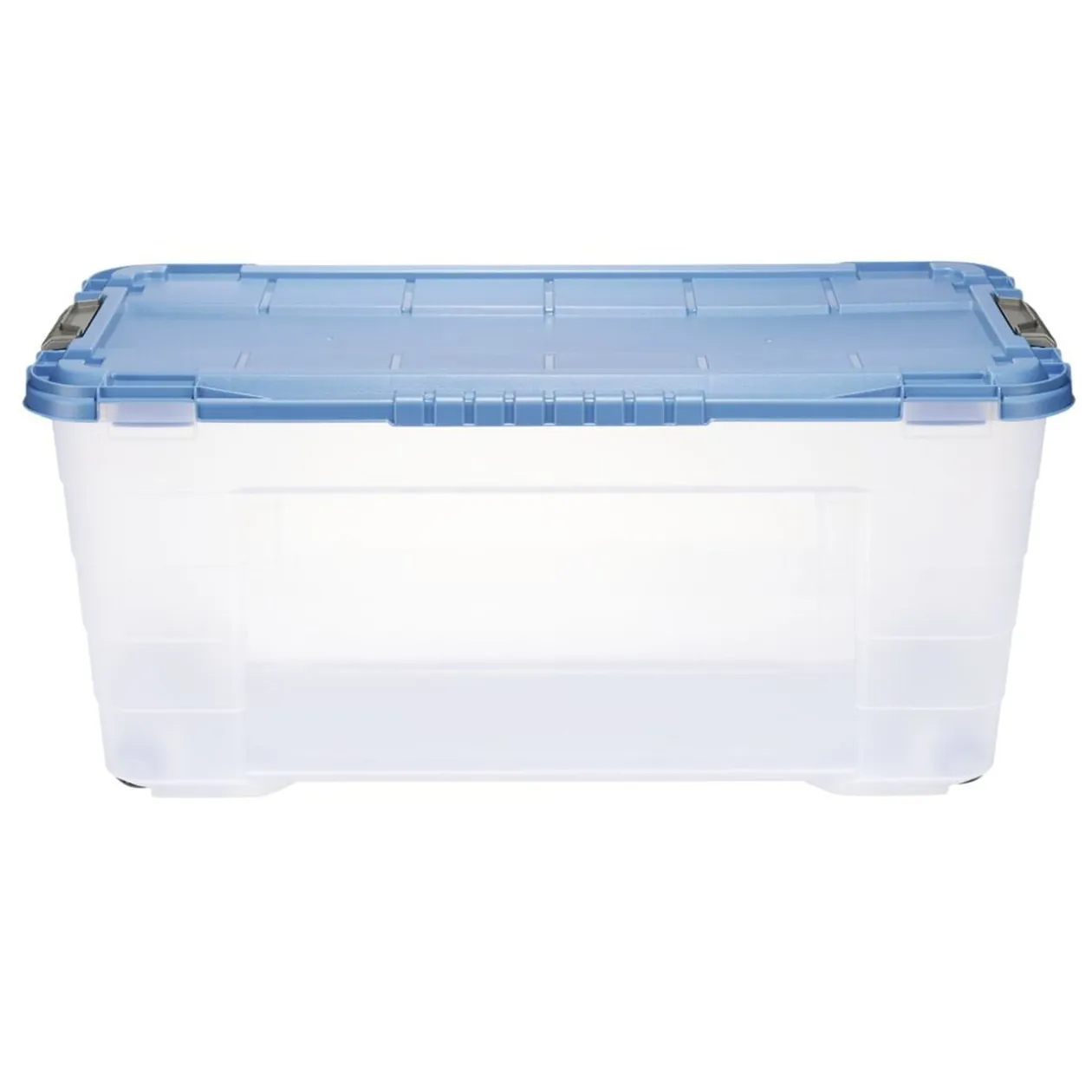 Box de rangement 80L plastique transparent 4 roues couvercle malin bleu 79x39xH36cm