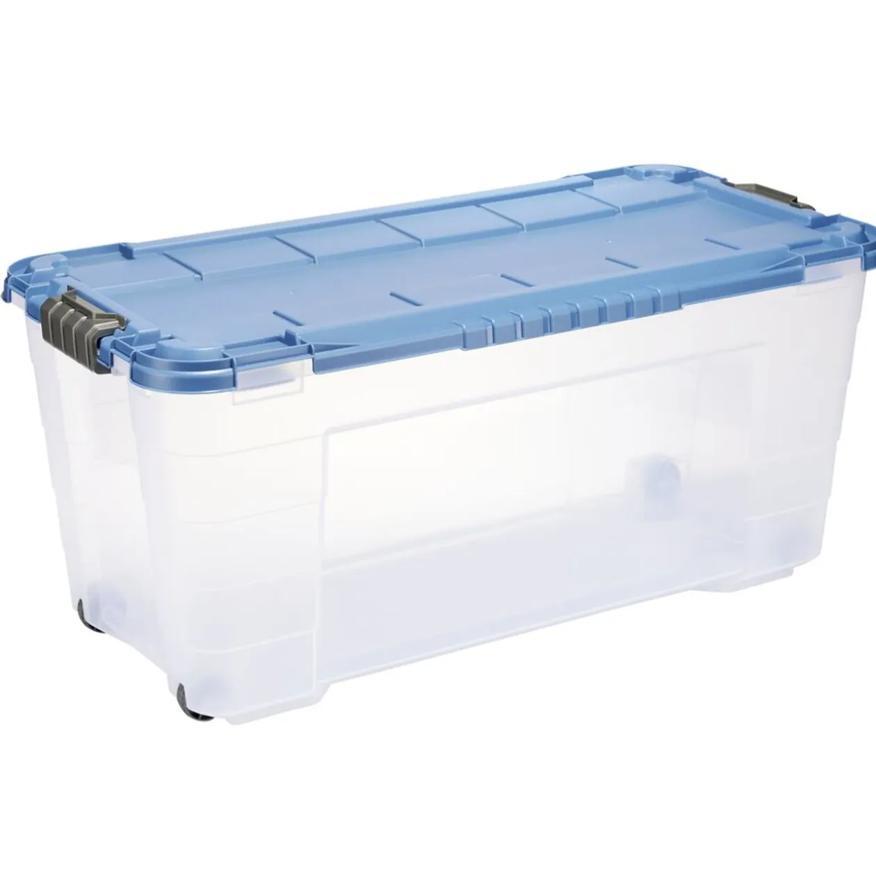 Box de rangement 80L plastique transparent 4 roues couvercle malin bleu 79x39xH36cm