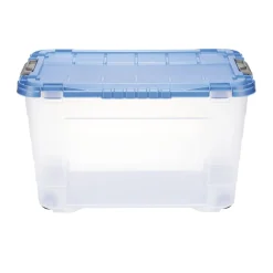 Box de rangement 60L plastique transparent 4 roues couvercle malin bleu 59x39xH36cm