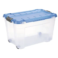 Box de rangement 60L plastique transparent 4 roues couvercle malin bleu 59x39xH36cm