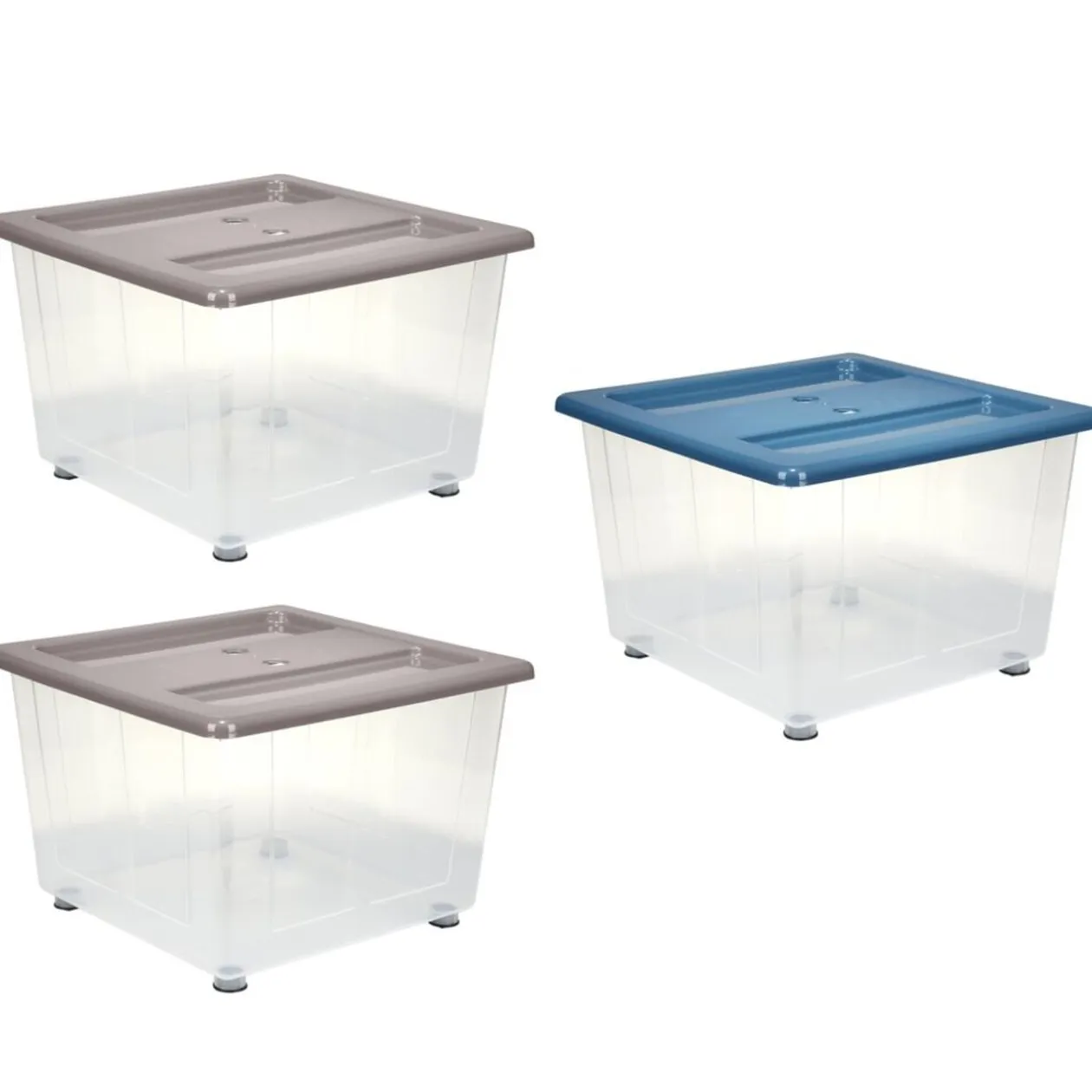 Box de rangement 30L x3 plastique transprent avec roulettes et couvercle gris et bleu