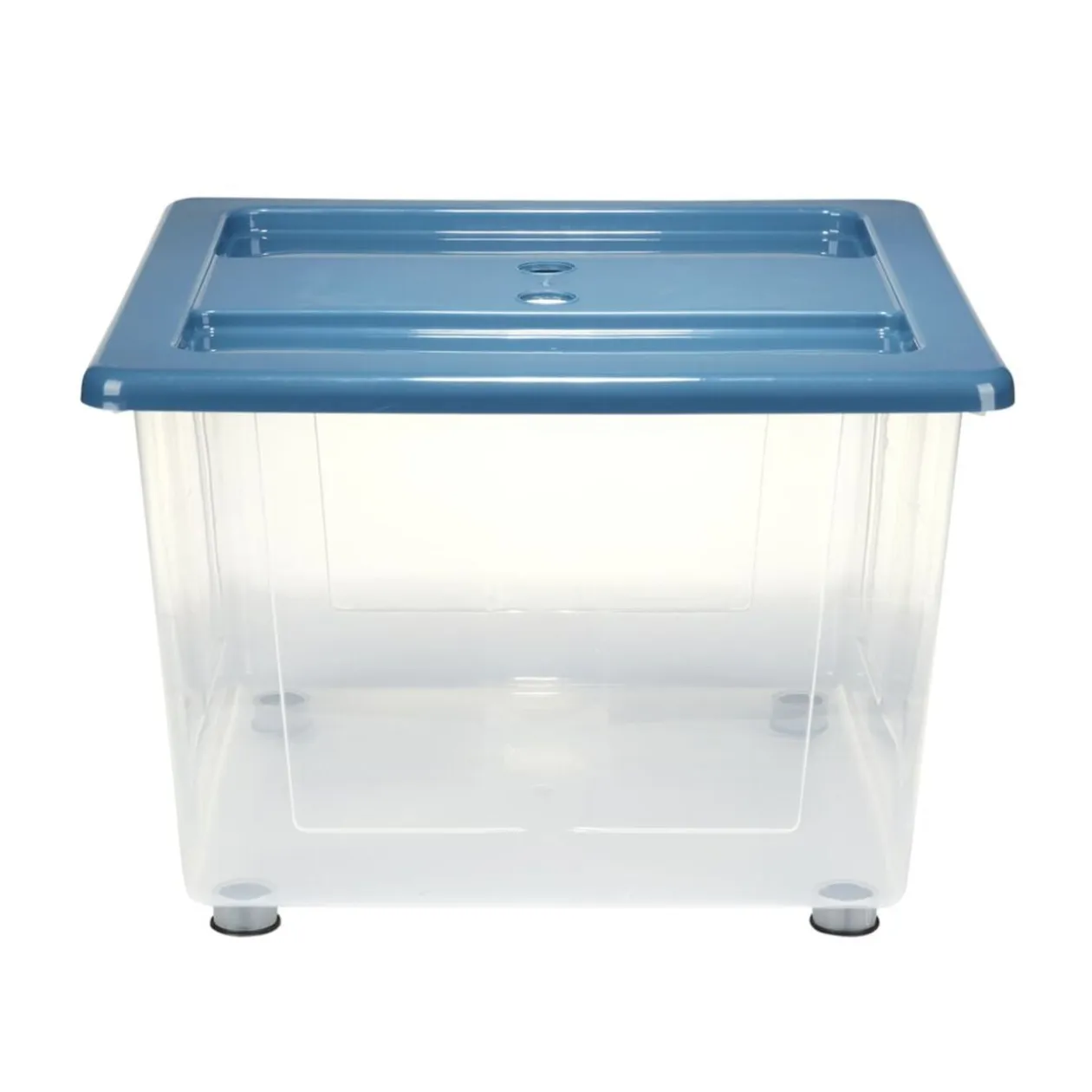 Box de rangement 30L x3 plastique transprent avec roulettes et couvercle gris et bleu