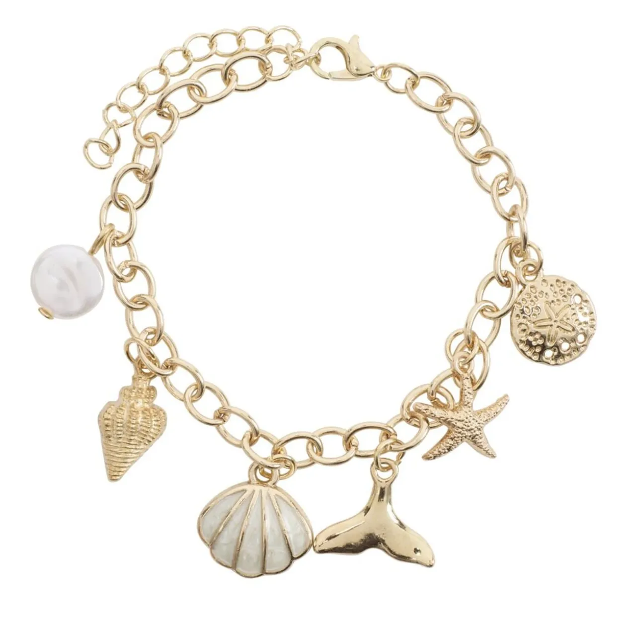 Bracelet chaîne 6 pampilles coquillages métal doré L10cm