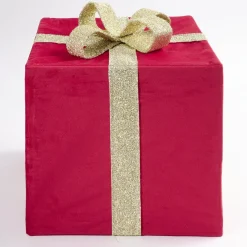 Cadeau déco Noël pliable tissu rouge ruban doré 35x35xH40cm