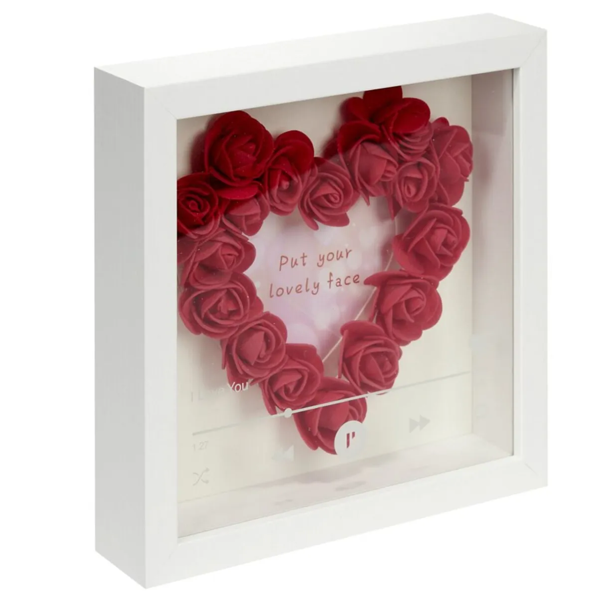 Cadre photo bois blanc avec coeur en roses rouges inscription I Love You 20x20cm < Gifi Sale