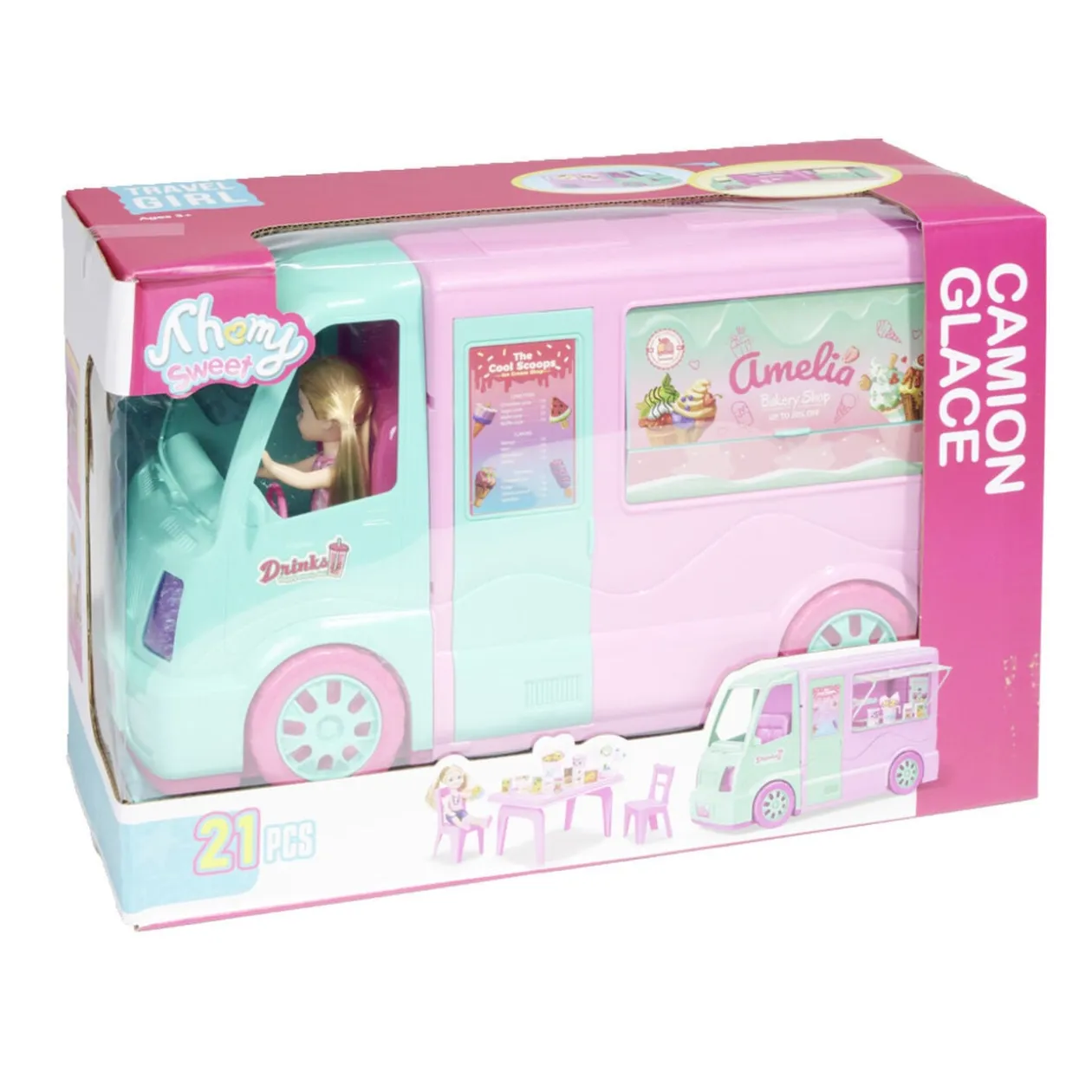 Camion glace avec poupée Amelia 21 pièces