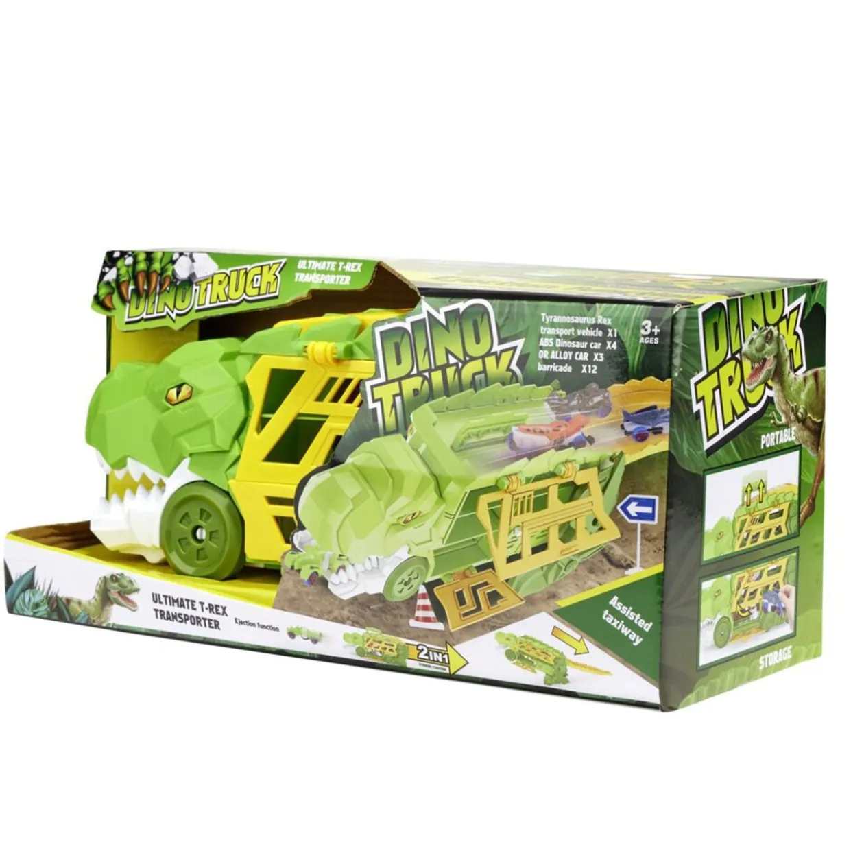 Camion transporteur dinosaure avec 4 véhicules vert 44x29xH19cm