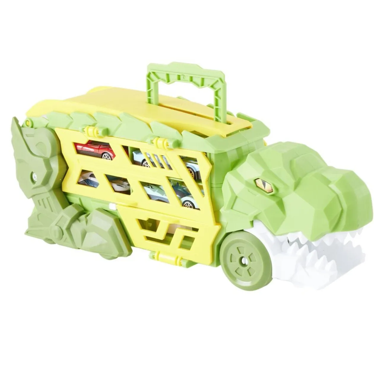 Camion transporteur dinosaure avec 4 véhicules vert 44x29xH19cm